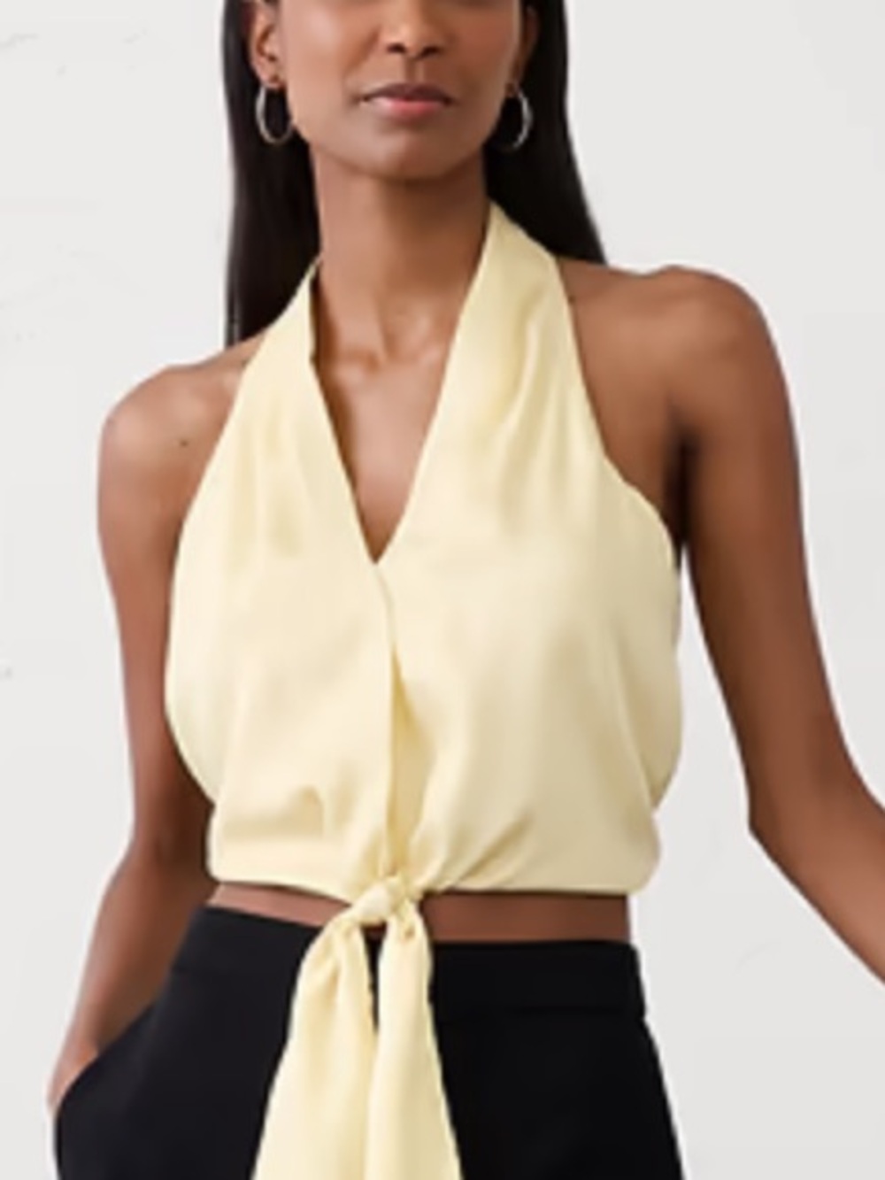 Yellow silky front tie halter